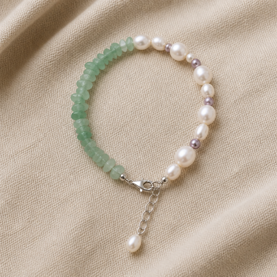green pearl bracelet linen