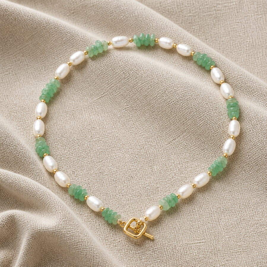 necklace pearl green linen